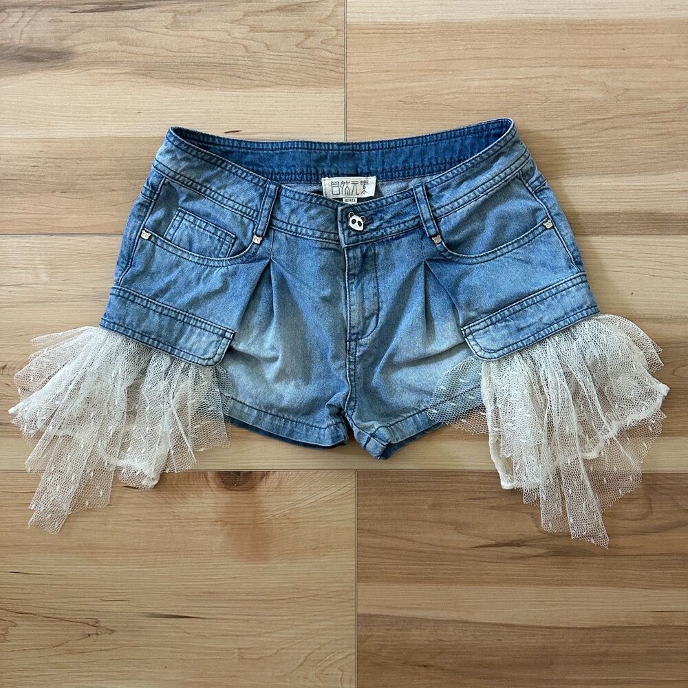Kids Girls Denim Frill Lace‎ Detail Panda Button Cargo Shorts Size 14-16